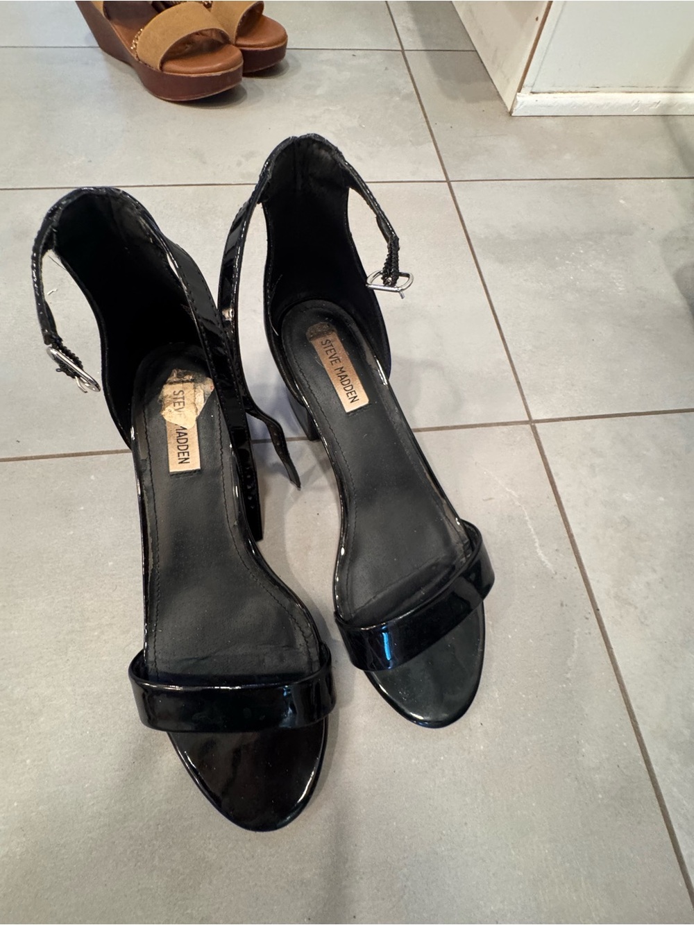 Steve Madden Black Patent Open-Toe Ankle-Strap Heels